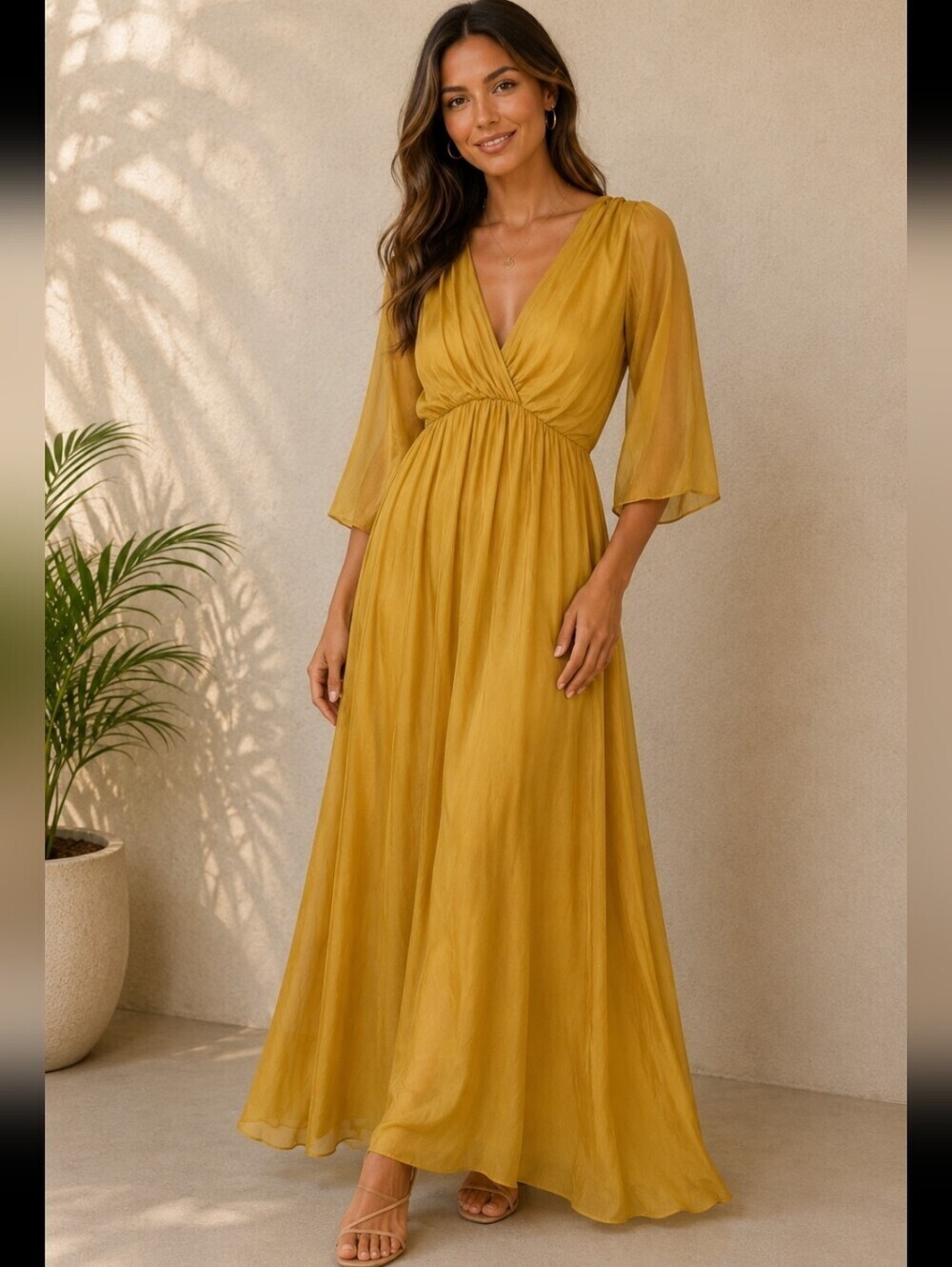 KING KONG Italy Silk Blend Mustard Boho Goddess Maxi Dress S/M